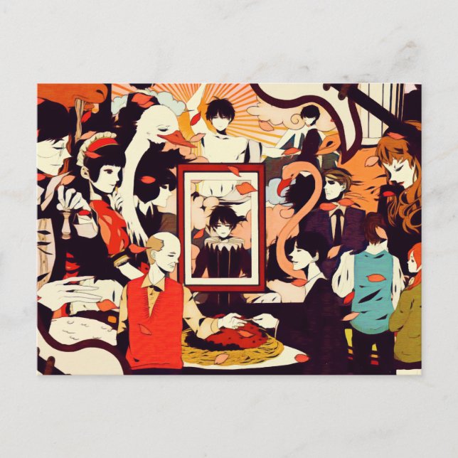 Retro flerpersons karaktär humor fest meddelande vykort (Framsida)