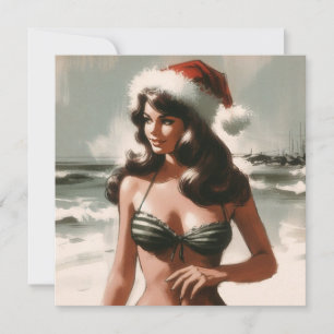Retro Flicka i Bikini och Tomtehatt Retro Pinup Julkort