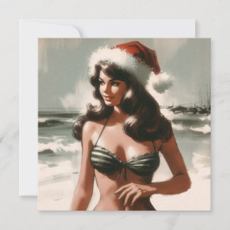 Retro Flicka i Bikini och Tomtehatt Retro Pinup Julkort