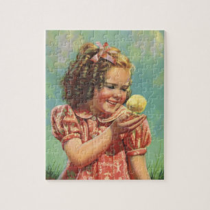 Retro flicka med babykyckling, lyckligt barn som l pussel