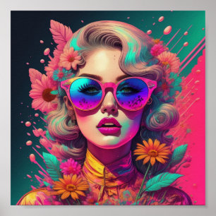 Retro-flicka med solglasögon och blommor poster