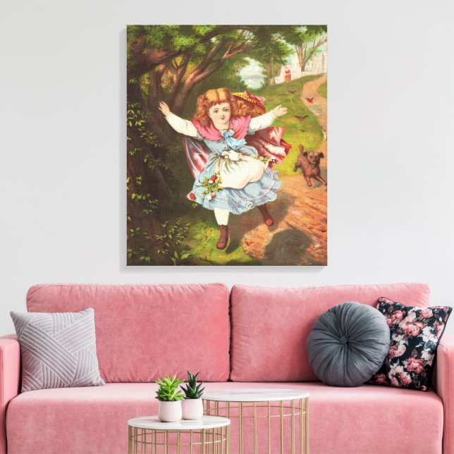 Retro flicka och hund litografi illustration canvastryck (Insitu (Vardagsrum))
