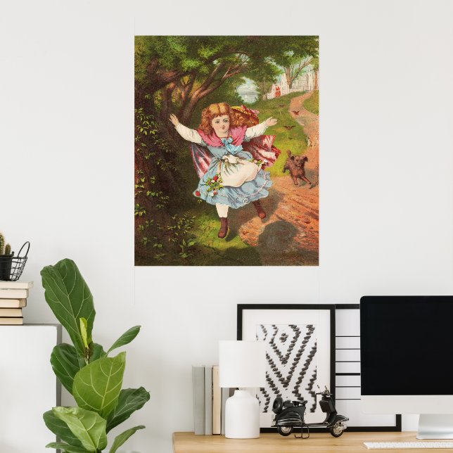 Retro flicka och hund litografi illustration poster (Hemmakontoret)