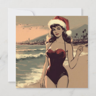 Retro flicka på stranden och tomtelua Retro pinup Julkort