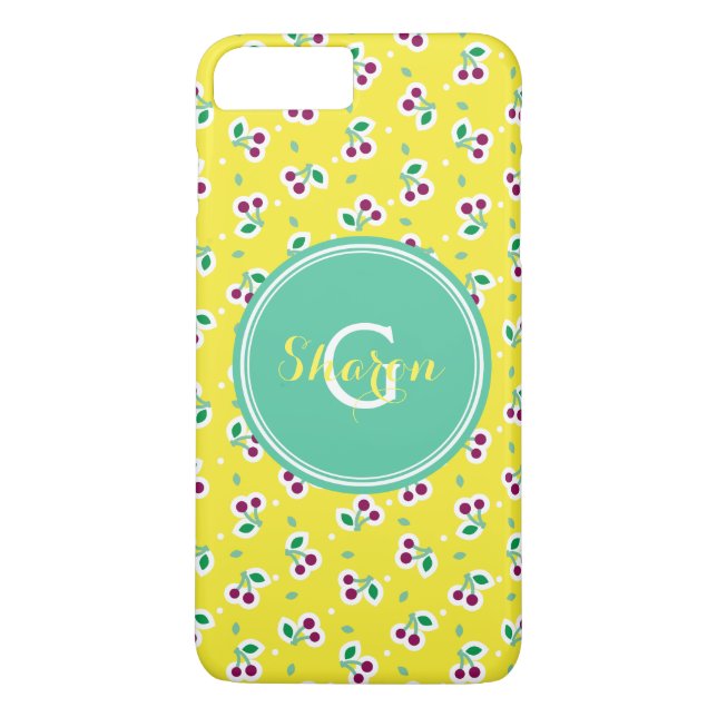Retro flickig gul grön körsbärsmönster monogram Case-Mate iPhone skal (Baksida)