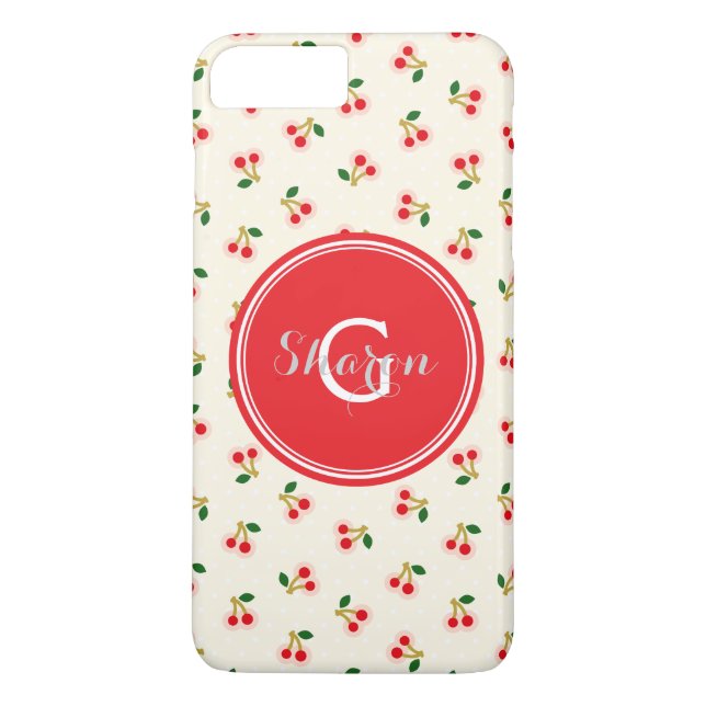 Retro flickig röda körsbärsmönster monogram Case-Mate iPhone skal (Baksida)