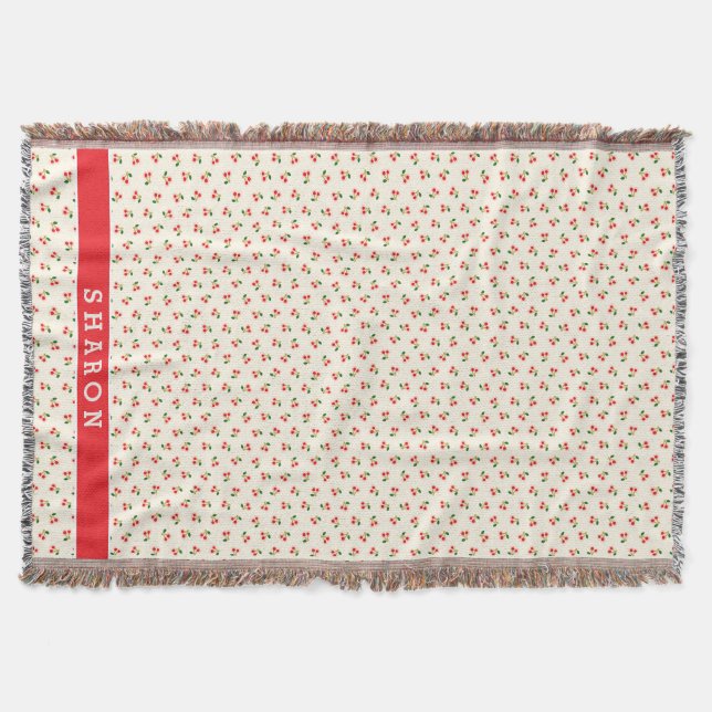 Retro flickig röda körsbärsmönster monogram mysfilt (Framsidan)
