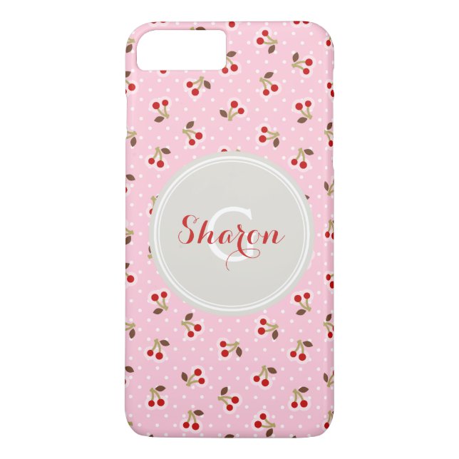 Retro flickig rosa körsbärsmönster monogram Case-Mate iPhone skal (Baksida)
