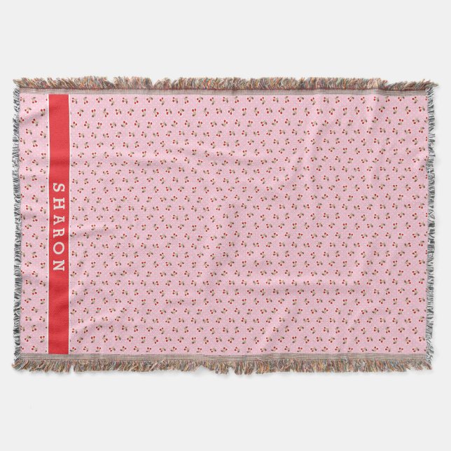 Retro flickig rosa körsbärsmönster monogram mysfilt (Framsidan)