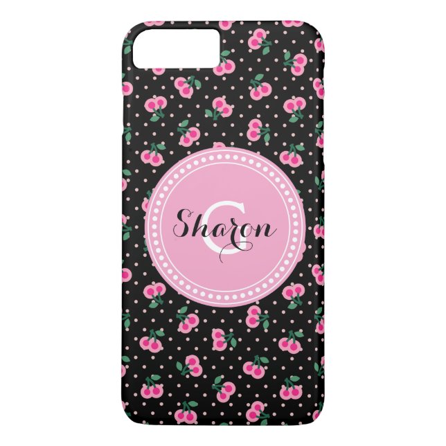 Retro flickig svart rosa körsbärsmönster monogram Case-Mate iPhone skal (Baksida)