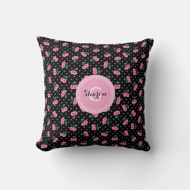 Retro flickig svart rosa körsbärsmönster monogram kudde (Framsida)