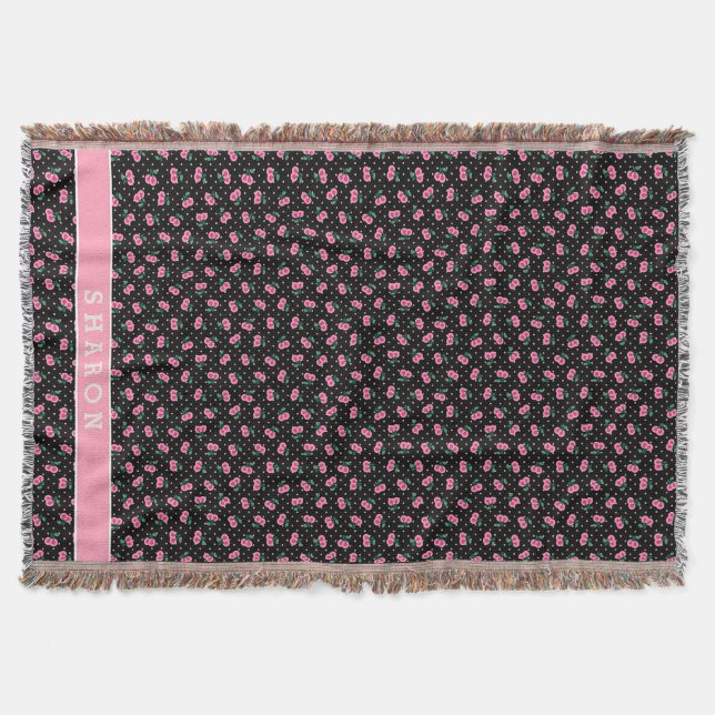 Retro flickig svart rosa körsbärsmönster monogram mysfilt (Framsidan)