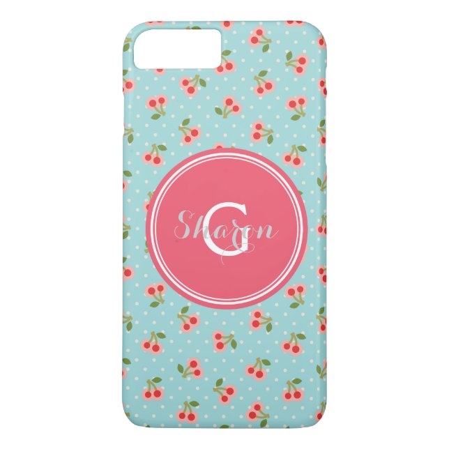 Retro flickig turkos körsbärsmönster monogram Case-Mate iPhone skal (Baksida)