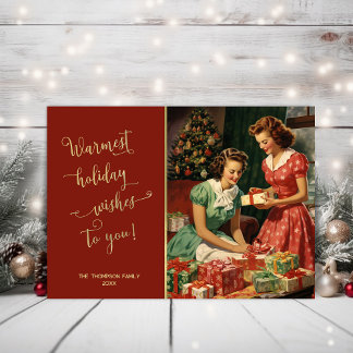 Retro-flickor som förbereder presenter vid ett Jul Julkort