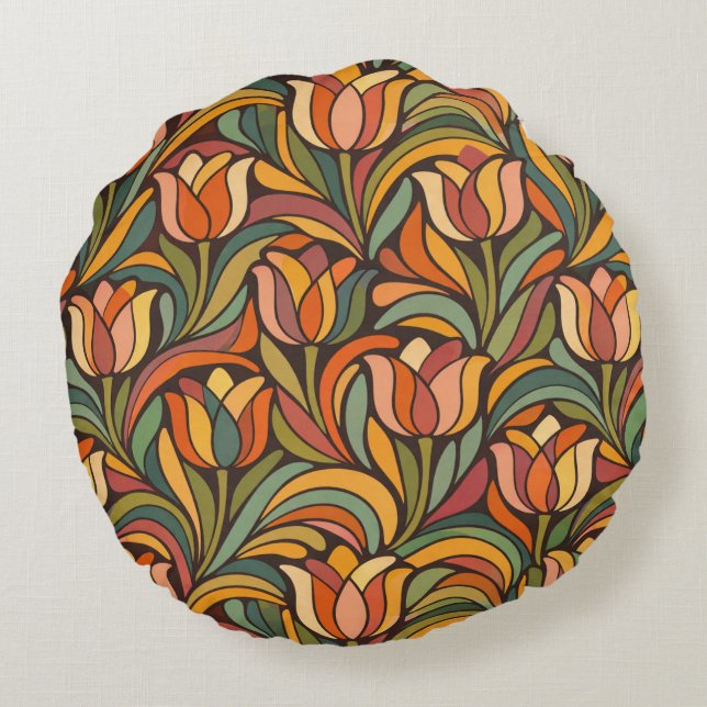 Retro Floral Art Nouveau Pattern Décor Rund Kudde (Baksidan)