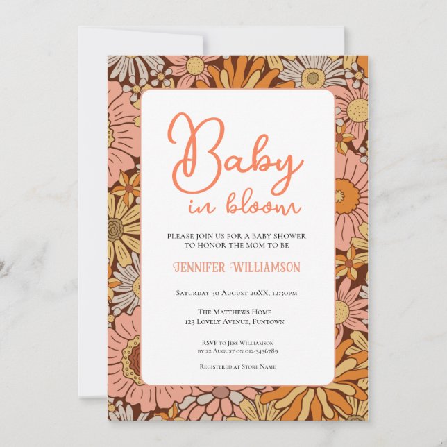 Retro Floral Baby Shower invitation Inbjudningar (Framsida)