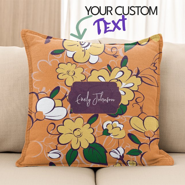 Retro Floral Daisy Orange Autumn Custom Name Kudde (Bohemian Meadow Floral Sketch Style Throw Pillow)