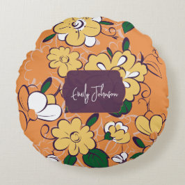 Retro Floral Daisy Orange Autumn Custom Name Rund Kudde