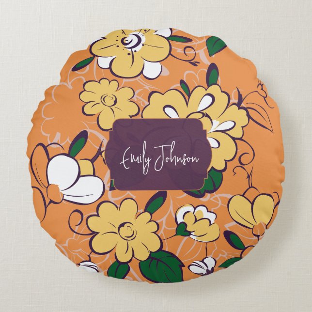 Retro Floral Daisy Orange Autumn Custom Name Rund Kudde (Framsidan)