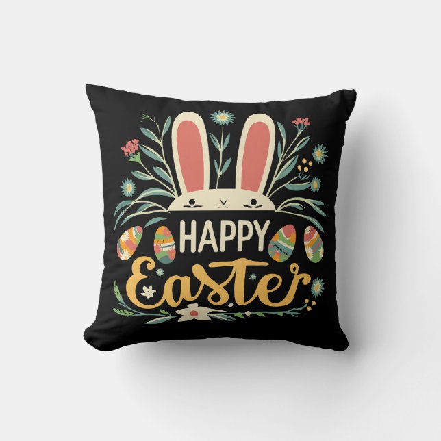 Retro Floral Happy Easter Bunny Boho Spring Kudde (Framsida)