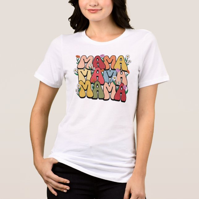 Retro Floral "Mama" Bubble Font T Shirt (Framsida)