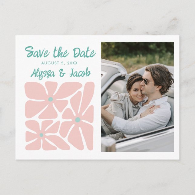 Retro Floral Photo Wedding Save the Date Vykort (Framsida)