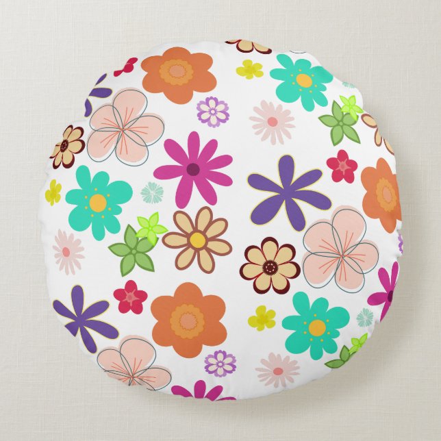 Retro Floral T-Shirt – Colorful Groovy Flowers Des Rund Kudde (Framsidan)