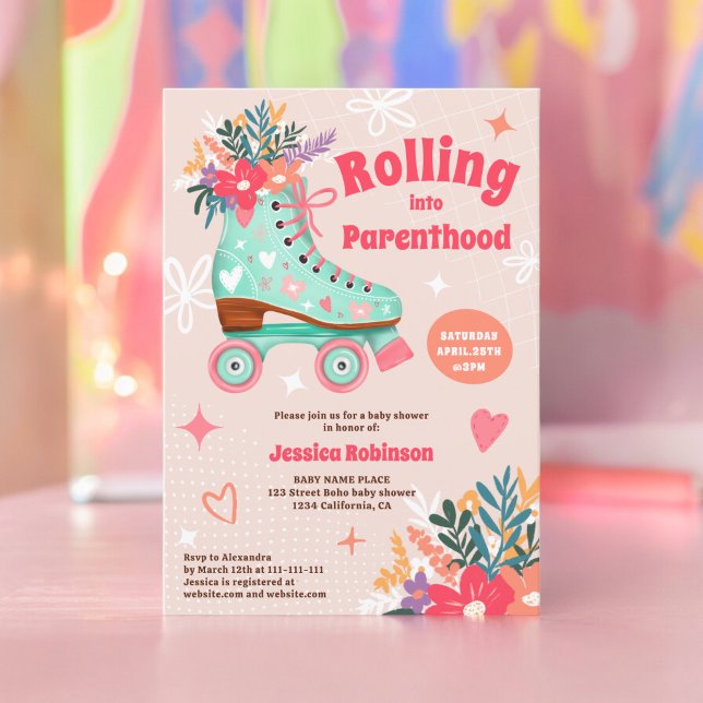 Retro floral teal-rullskridskat babydusch inbjudningar (Retro floral teal roller skate boho baby shower invitation)
