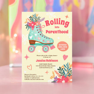 Retro floral teal-rullskridskat babydusch inbjudningar