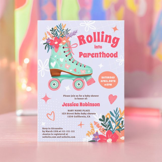 Retro floral teal-rullskridskat babydusch inbjudningar (Retro floral teal roller skate boho baby shower invitation lavender)