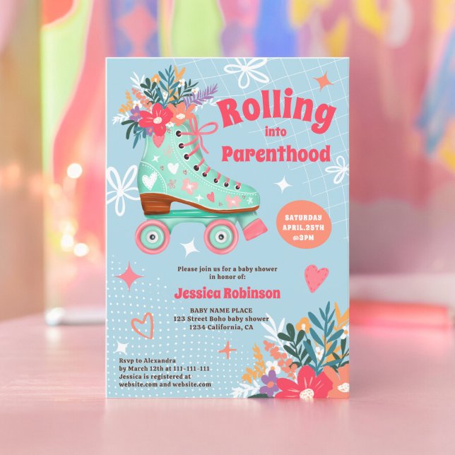 Retro floral teal-rullskridskat babydusch inbjudningar (Retro floral teal roller skate boho baby shower invitation blue)