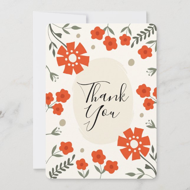 Retro Floral Thank You Card with orange flowers Julkort (Framsida)