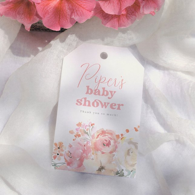Retro Floral Watercolor Girl Baby Shower Thank You Presentetikett (Skapare uppladdad)