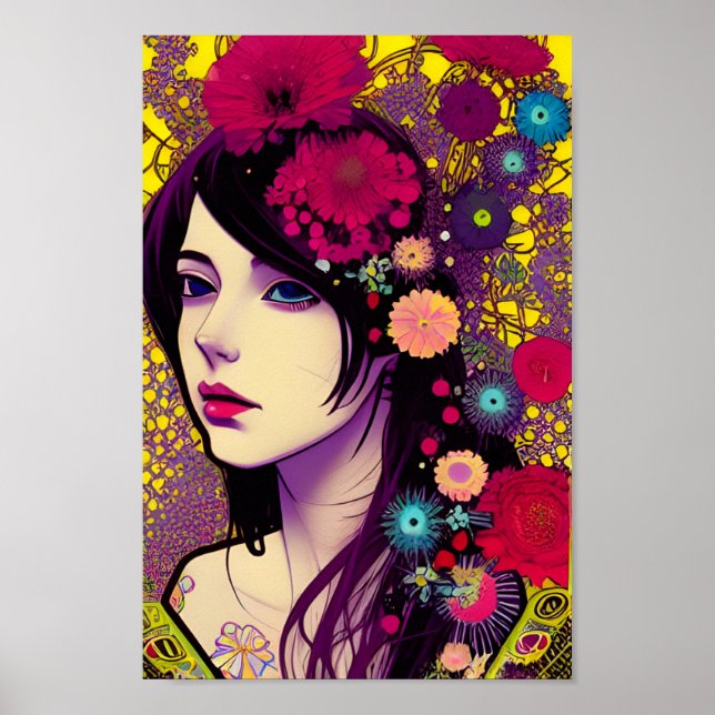 Retro FloralPunk Girl Digital Art Poster (Framsidan)