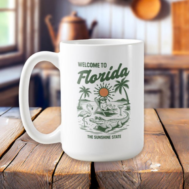 Retro Florida Alligator Handflatan Träd Sunset Kaffemugg (Palm trees and sunset Welcome to Florida mug)