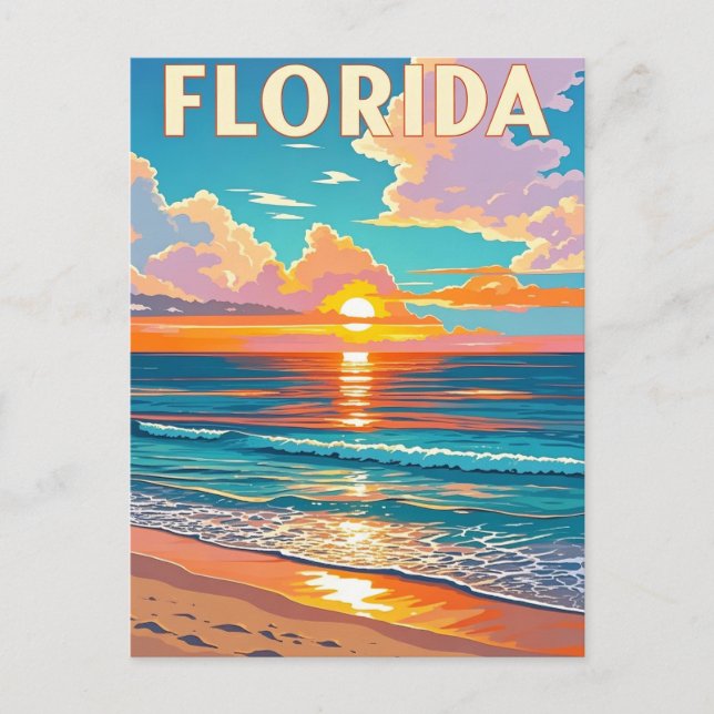 Retro Florida Beach: Illustrated Sunset Getaway Vykort (Framsida)