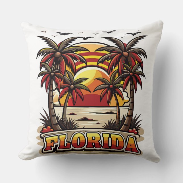 Retro Florida Sunset med Handflatan Träd Kudde (Framsida)