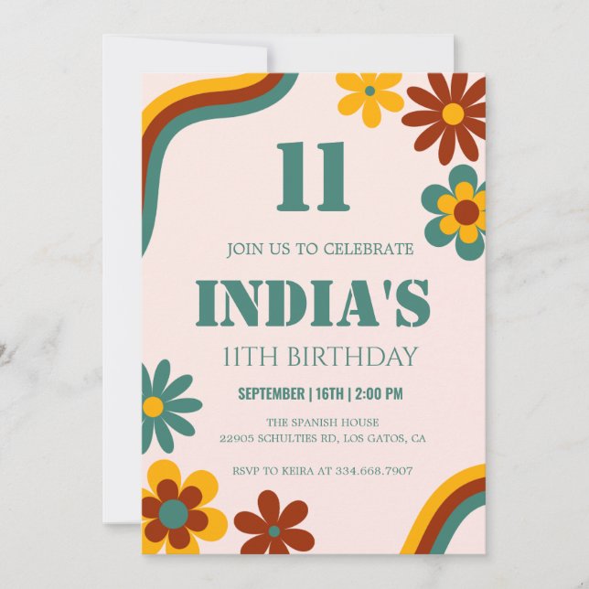 Retro Flower 11:e födelsedagen Inbjudningar (Framsida)