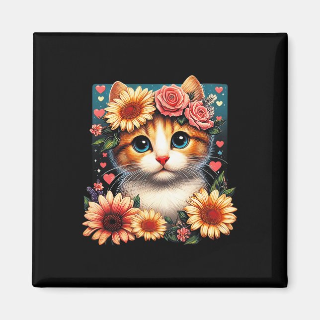 Retro Flower Cat Kärlek Art Kitten med blommor Ani Magnet (Framsidan)