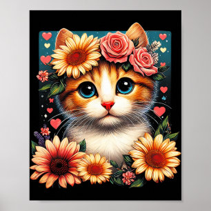 Retro Flower Cat Kärlek Art Kitten med blommor Ani Poster