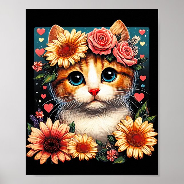 Retro Flower Cat Kärlek Art Kitten med blommor Ani Poster (Framsidan)