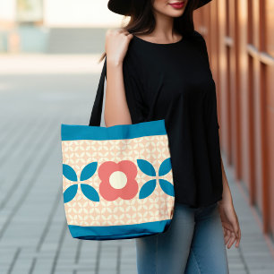 Retro Flower, Geo Mönster Coral, Blue, Peach Axelväska