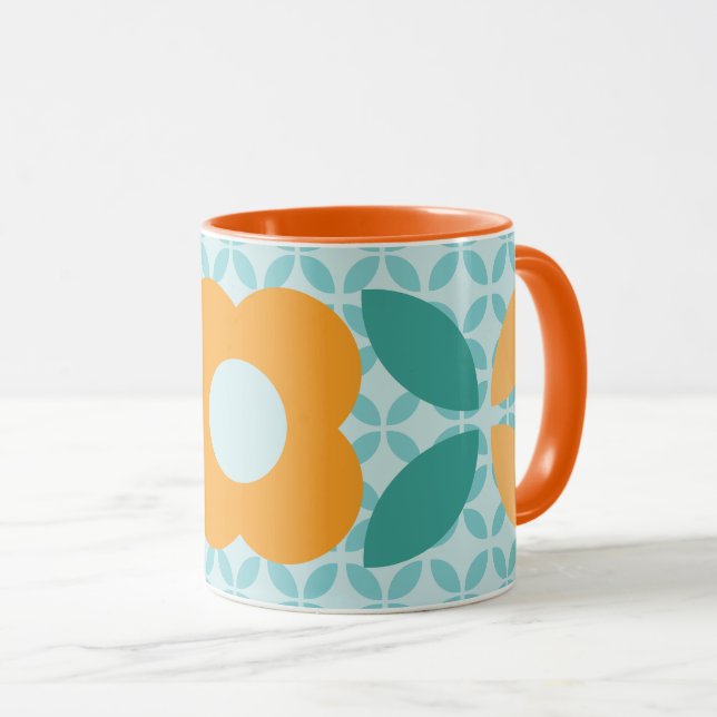 Retro Flower Geometric Mönster Orange Teal Mugg (Framsida höger)