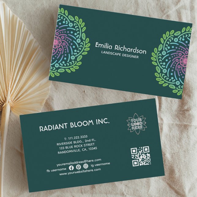 Retro Flower Mandala Teal Visitkort (The custom boho-styled floral mandala business card design is suitable for your business.)