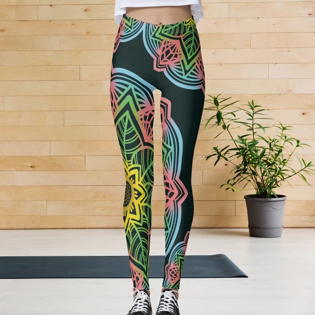 Retro Flower Mandala Yoga Leggings (A unique flower legging design for your workout routine.)