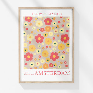 Retro Flower Market Amsterdam Red Gula blommor Poster