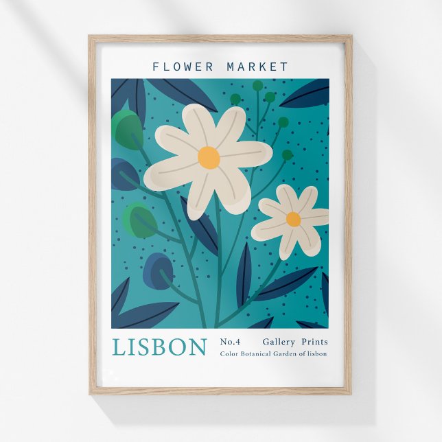 Retro Flower Market Lissabon Abstrakt Flowers Poster (Retro Flower Market Lisbon Abstract Flowers Poster in a wooden frame on a sunny wall.)