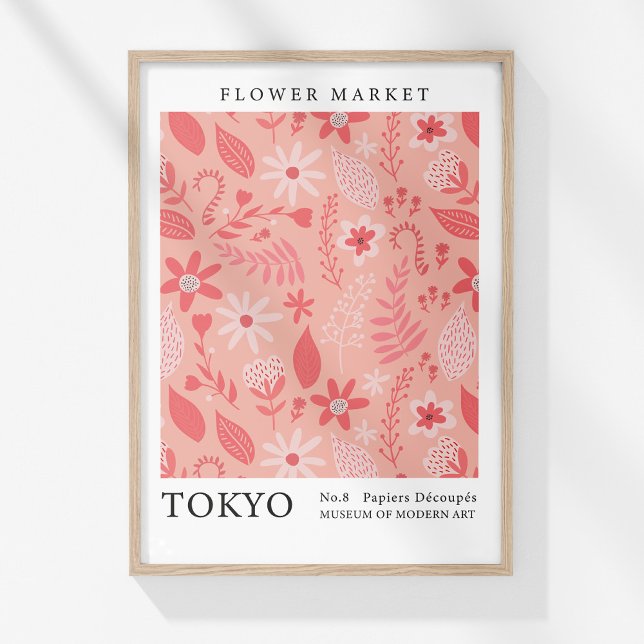 Retro Flower Market Tokyo Rosa Abstrakt Flowers Poster (Retro Flower Market Tokyo Pink Abstract Flowers Poster in a wooden frame on a sunny white wall.)