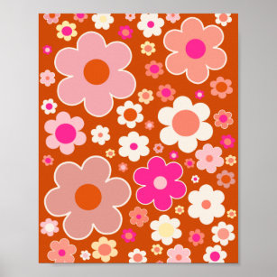 Retro Flower Mönster i Orange Peach Rosa Blommigt Poster