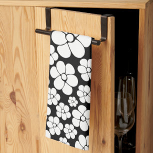 Retro Flower Mönster in White on Black Kökshandduk